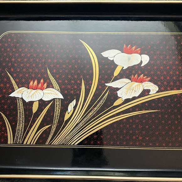 Set 3 Vintage Japanese Shiny Black Lacquer Ware Nesting Trays Gold white & Red - Picture 11 of 16